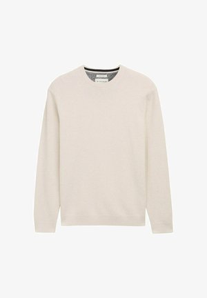 Helle beige Pullover mit strukturiertem Rippdesign, langen Ärmeln und Rundhalsausschnitt. Verfügt über einen kontrastierenden dunklen Streifen im Kragen.