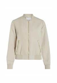 Veste bomber beige avec col, poignets et ourlet côtelés, dotée d'une fermeture zippée à l'avant et de deux poches latérales zippées.
