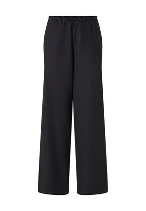 Pantalones anchos negros hechos de una tela ligera, con una cintura elástica y un cordón para un ajuste ajustable.