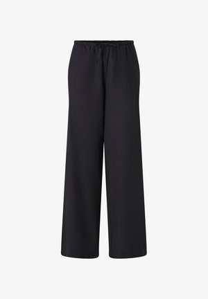 Pantalons larges noirs en tissu léger, avec une taille élastique et un cordon de serrage pour un ajustement personnalisable.