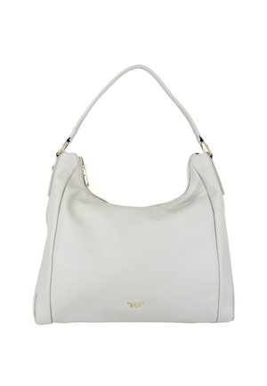 Borsa a tracolla in pelle bianca con una singola cinghia, cerniera dorata e piccolo logo del marchio dorato al centro anteriore.