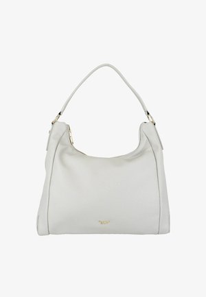 Borsa a tracolla in pelle bianca con una singola cinghia, cerniera dorata e piccolo logo del marchio dorato al centro anteriore.