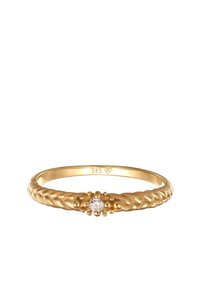 Gold geflochtener Ring mit einem zentralen klaren Edelstein, glattem Innenband und detaillierten strukturierten Akzenten. Mit "585" für die Goldreinheit gekennzeichnet.