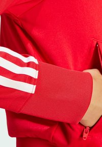 Giacca sportiva rossa con accenti a strisce bianche sulle maniche. Presenta polsini a costine e una tasca con zip sulla parte anteriore per maggiore comodità.