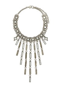 Metalowa naszyjnik z okrągłymi i prostokątnymi akcentami. Posiada łańcuszek w kolorze srebrnym oraz zwisające elementy geometryczne.