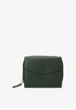 Green leather wallet with a textured finish, featuring a zip closure, flap pocket, and embossed logo on the front. Compact and rectangular design.