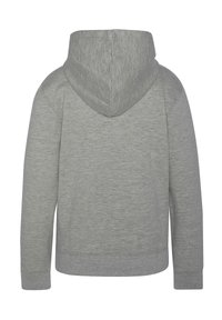 Felpa grigia con cappuccio a coulisse, tessuto morbido e maniche a costine. Il design presenta uno stile semplice e pulito, senza loghi visibili.