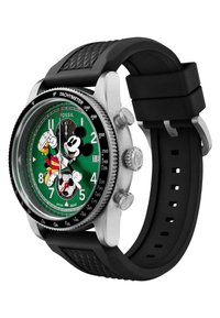 Chronograph watch with a stainless steel case, black rubber strap, green dial featuring cartoon characters, and tachymeter bezel.
