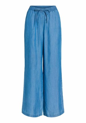 Pantalon bleu clair à jambes larges avec taille élastique et cordon de serrage à l'avant, en tissu doux type denim, présenté sur fond blanc.