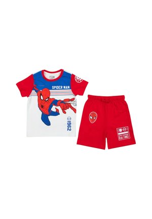 Completo per bambini con pantaloncini rossi e maglietta a maniche corte bianca e blu con grafica e loghi di Spider-Man.