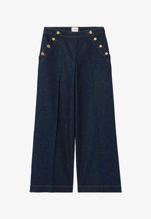 Pantalons en denim bleu marine à taille large avec des plis devant et des détails en bouton doré le long des bords des poches.