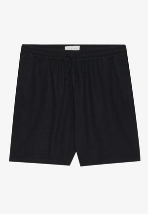 Black, elastic waist shorts with a drawstring, featuring a smooth texture and straight cut, suitable for casual wear.