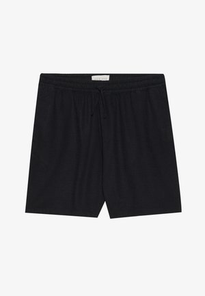 Svart, elastiske shorts med strikk i taljen og snøring, med en glatt tekstur og rett snitt, egnet for uformell bruk.