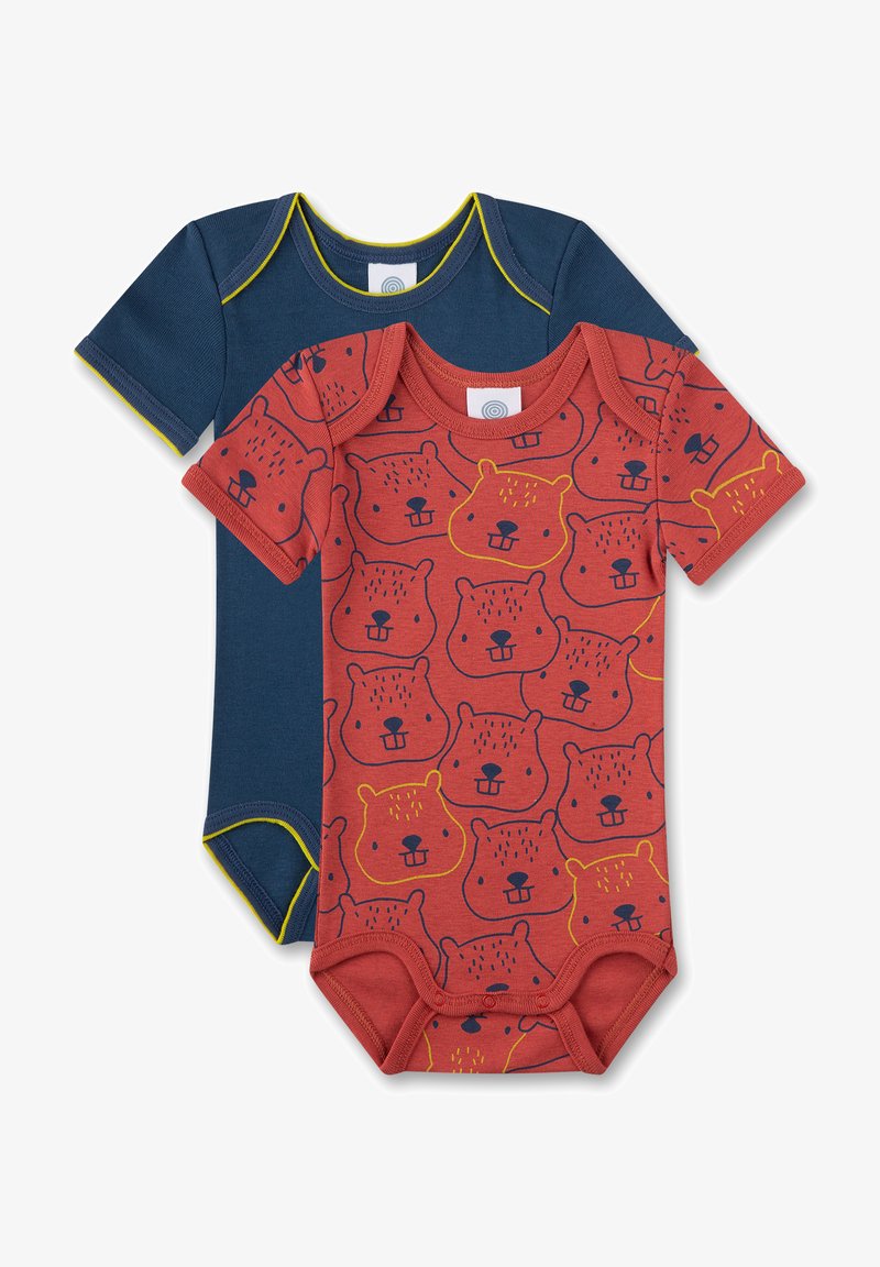 Two baby bodysuits: one navy with yellow accents, one coral with a repeating bear pattern. Both feature short sleeves and snap closures.