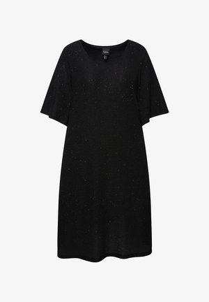 Vestido negro con escote en V y mangas cortas con volantes. La tela tiene un acabado texturizado con sutiles detalles brillantes en toda su superficie.