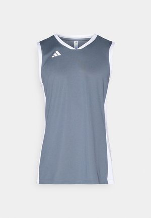 Sivi atletski top bez rukava s bijelim bočnim akcentima, okruglim izrezom i bez rukava. Sadrži Adidas logo na gornjoj lijevoj strani.