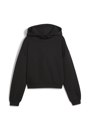 Fekete, rövidített kapucnis pulóver puha anyagból, kapuccsal, széles ujjakkal és apró, tónusában passzoló logóval a mellkasán. Simára textúrált.