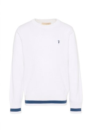 Maglione bianco in maglia a maniche lunghe con righe blu su polsini e orlo, con piccolo logo ricamato blu navy sul lato sinistro del petto.