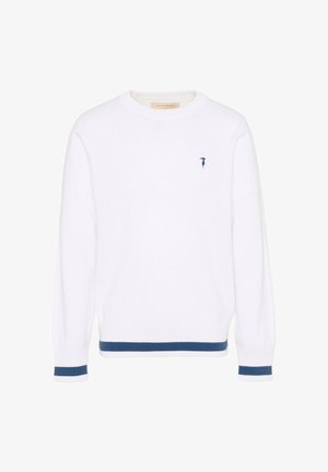 Pull en maille blanc à manches longues avec des rayures bleues sur les poignets et l'ourlet, avec un petit logo brodé bleu marine sur la poitrine gauche.