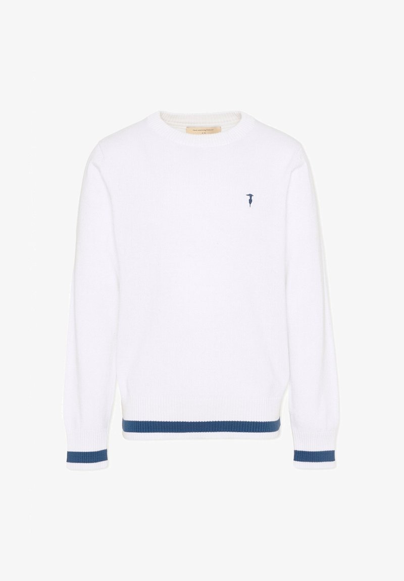 Pull en maille blanc à manches longues avec des rayures bleues sur les poignets et l'ourlet, avec un petit logo brodé bleu marine sur la poitrine gauche.