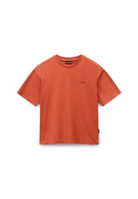 Rust-colored t-shirt made of cotton. Short sleeves, round neckline, features a small branded logo on the chest and a tag on the side.