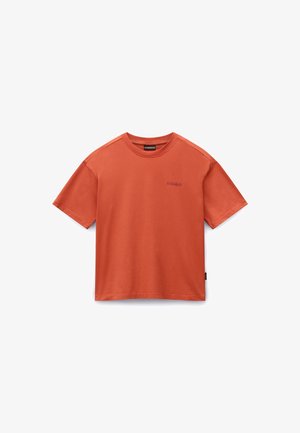 T-shirt w kolorze rdzy wykonany z bawełny. Krótkie rękawy, okrągły dekolt, z małym logo marki na piersi oraz metką po boku.