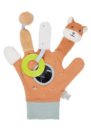 Soft cotton glove in orange with fox head, mirror, green teething ring, and textured elements. Features playful patterns and rounded shapes.