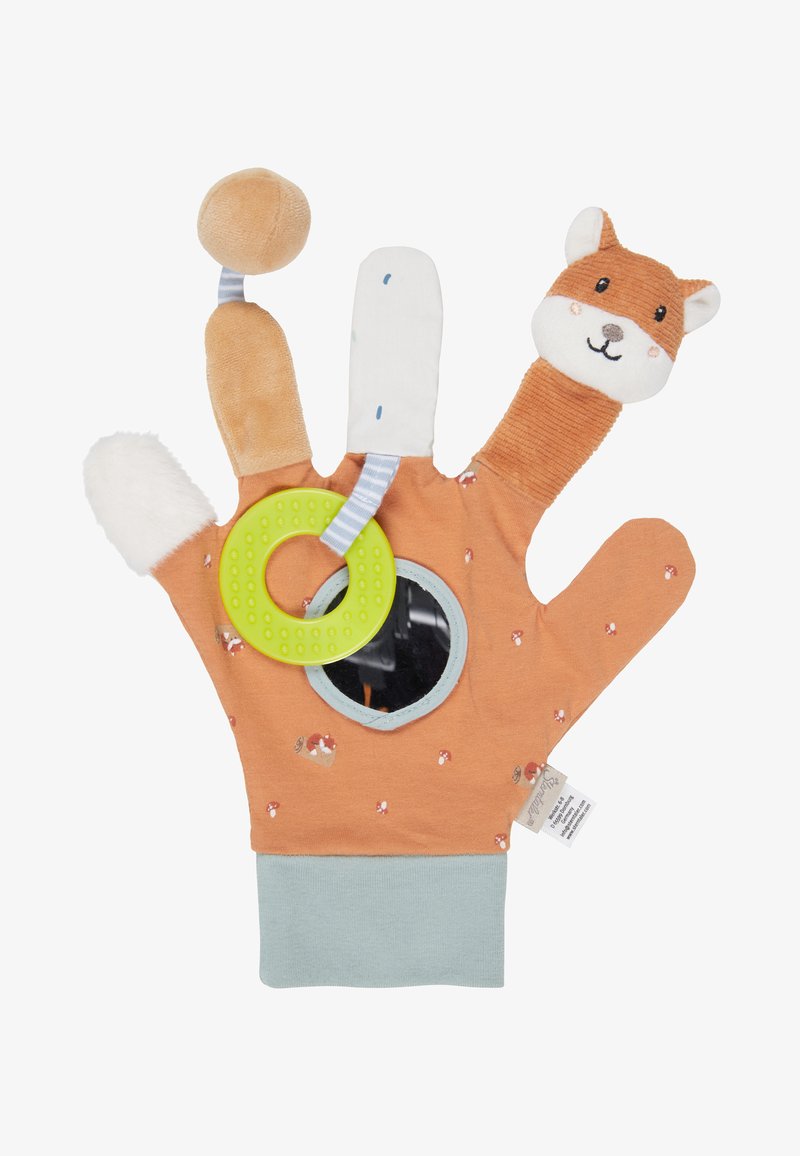 Soft cotton glove in orange with fox head, mirror, green teething ring, and textured elements. Features playful patterns and rounded shapes.