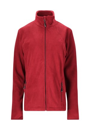 Punainen fleece-takki, jossa on koko etuvetoketju, korkea kaulus ja kaksi vetoketjullista sivutaskua, suunniteltu lämpimyyteen ja rentoon käyttöönottoon.