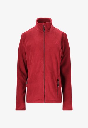Punainen fleece-takki, jossa on koko etuvetoketju, korkea kaulus ja kaksi vetoketjullista sivutaskua, suunniteltu lämpimyyteen ja rentoon käyttöönottoon.