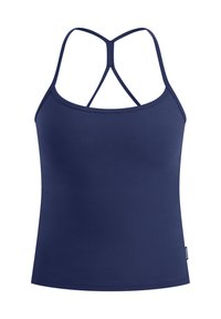 Débardeur bleu marine pour femme avec fines bretelles doubles croisées dans le haut du dos, en tissu lisse.