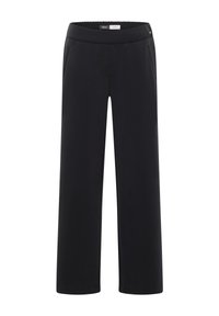 Pantalon noir à jambes larges avec une ceinture élastique, des poches latérales et une texture de tissu lisse. Design simple avec des détails d'ourlet étroit.