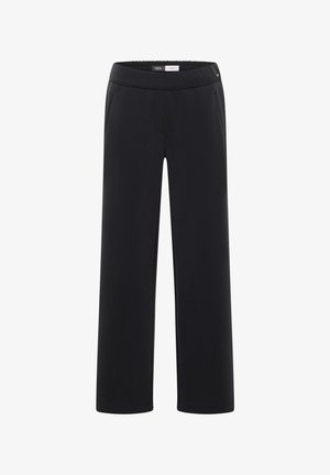 Mustat leveälahkeiset housut joustavalla vyötärönauhalla, sivutaskuilla ja sileällä kangaspinnalla. Yksinkertainen malli kapealla helmikoristeella.