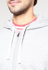 Persona con barba que lleva una sudadera gris con cremallera sobre una camiseta de rayas rojas y blancas, mostrado de cuello a parte superior del pecho.