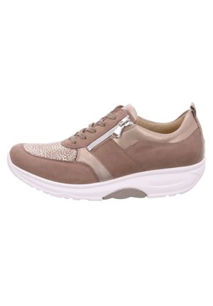 Brown suede sneaker with white rubber sole, features a patterned toe cap, contrasting textures, and side zipper detail.
