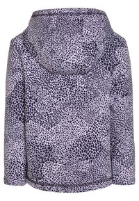 Kurtka z kapturem z teksturowanym wzorem kropek i trójkątów w kolorze granatowym i jasnofioletowym. Prosty krój z prostym dołem i wykończonymi krawędziami.