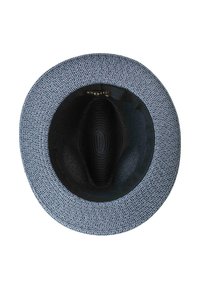 Cappello a tesa larga in tessuto intrecciato blu e grigio, con un interno nero liscio e un'etichetta di marca all'interno della corona.