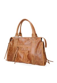Borsa in pelle marrone con un design spazioso, manici intrecciati, accessori in ottone, tasca esterna e dettagli a nappina. Texture liscia con una finitura naturale.