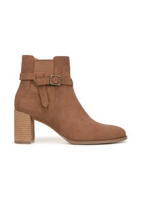 Braune Wildleder-Stiefelette mit abgerundetem Zeh, gewickeltem Riemen-Detail und blockartigem Absatz mit gerippter Textur. Glatte Nähte sind sichtbar.