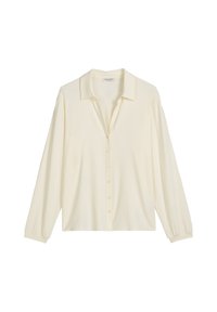 Crème-kleurige blouse met lange mouwen, een kraag, een knoopsluiting aan de voorkant en een iets losse pasvorm. Zacht, glad materiaal met manchetmouwen.