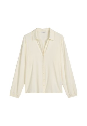 Cremfarbene Bluse mit langen Ärmeln und Kragen, mit Knopfleiste und leicht lockerer Passform. Weich, glattes Material mit geknöpften Ärmeln.