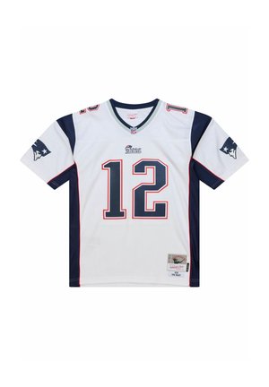 White NFL jersey with navy blue accents, featuring number 12 and "Patriots" logo. Made of breathable material, with short sleeves and a v-neck.
