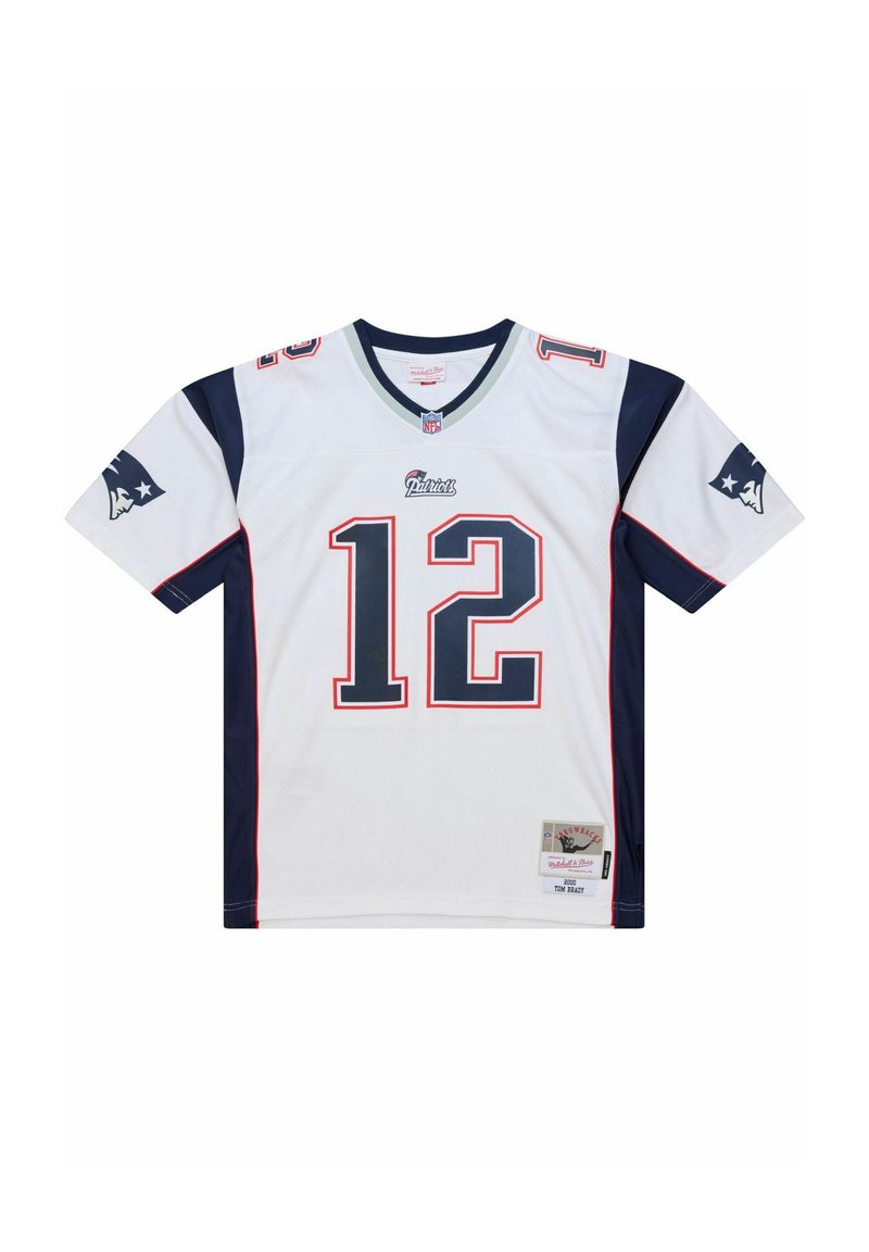 Weißes NFL-Trikot mit marineblauen Akzenten, das die Nummer 12 und das "Patriots"-Logo zeigt. Hergestellt aus atmungsaktivem Material, mit kurzen Ärmeln und einem V-Ausschnitt.