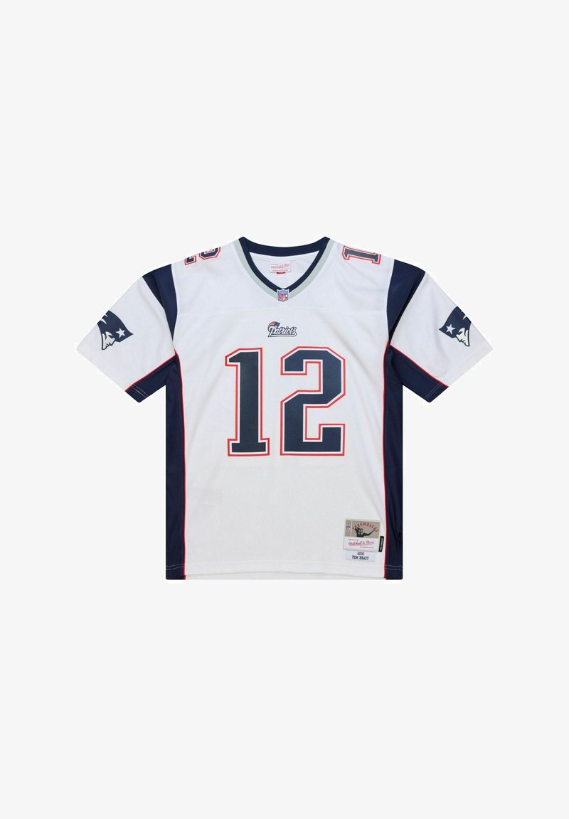 Weißes NFL-Trikot mit marineblauen Akzenten, das die Nummer 12 und das "Patriots"-Logo zeigt. Hergestellt aus atmungsaktivem Material, mit kurzen Ärmeln und einem V-Ausschnitt.