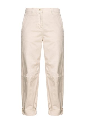 Pantaloni di cotone beige chiaro con taglio dritto, dotati di chiusura con bottone, risvolti e tasche laterali. Texture morbida, design minimalista.