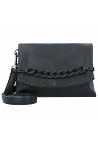 Schwarze Lederclutch mit einer strukturierten Kettenakzentuierung auf der Vorderseite, flaches Design, abnehmbarer Tragegurt und eleganter Finish.