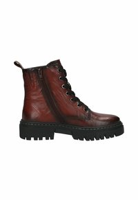 Bottine en cuir marron avec un bout rond, lacets noirs, fermeture éclair sur le côté et semelle en caoutchouc noir épaisse avec un profond relief pour une meilleure traction.