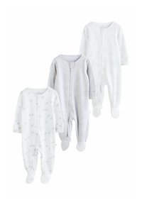 Three baby sleep suits: two in white with cute duck pattern, one in light gray with similar design, zippered front, footed style.