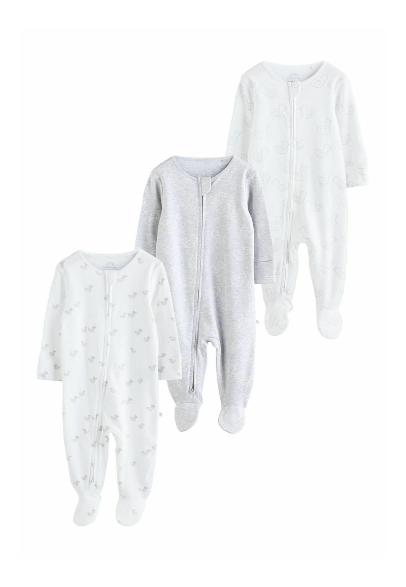 Three baby sleep suits: two in white with cute duck pattern, one in light gray with similar design, zippered front, footed style.