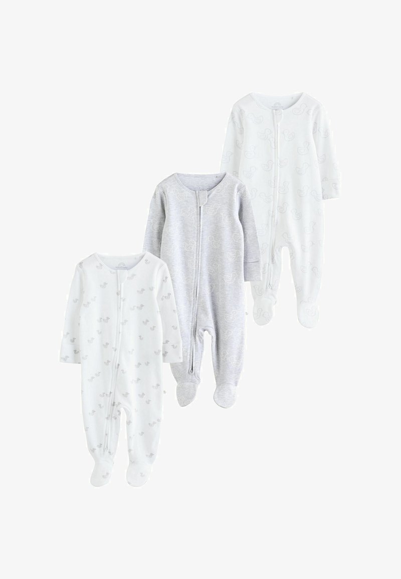 Three baby sleep suits: two in white with cute duck pattern, one in light gray with similar design, zippered front, footed style.
